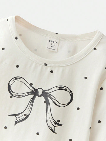 Young Girl Round Neck T-Shirt With Polka Dot & Bow Design, Casual