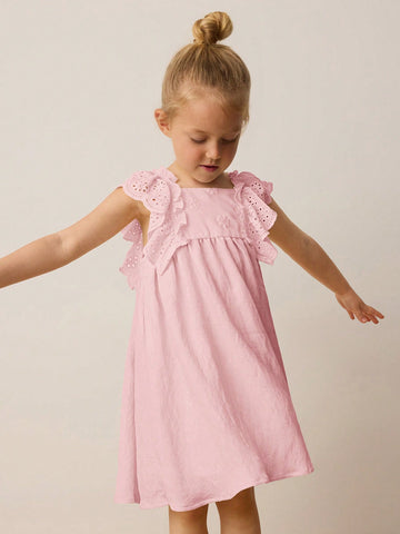 Young Girl Spring/Summer Ruffled Embroidered Puff Sleeve Splicing With 3D Embroidery Decor Countryside Style Dress