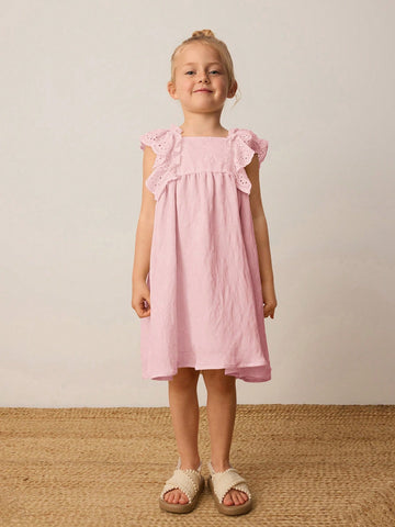 Young Girl Spring/Summer Ruffled Embroidered Puff Sleeve Splicing With 3D Embroidery Decor Countryside Style Dress