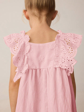 Young Girl Spring/Summer Ruffled Embroidered Puff Sleeve Splicing With 3D Embroidery Decor Countryside Style Dress
