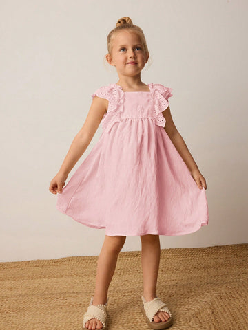 Young Girl Spring/Summer Ruffled Embroidered Puff Sleeve Splicing With 3D Embroidery Decor Countryside Style Dress