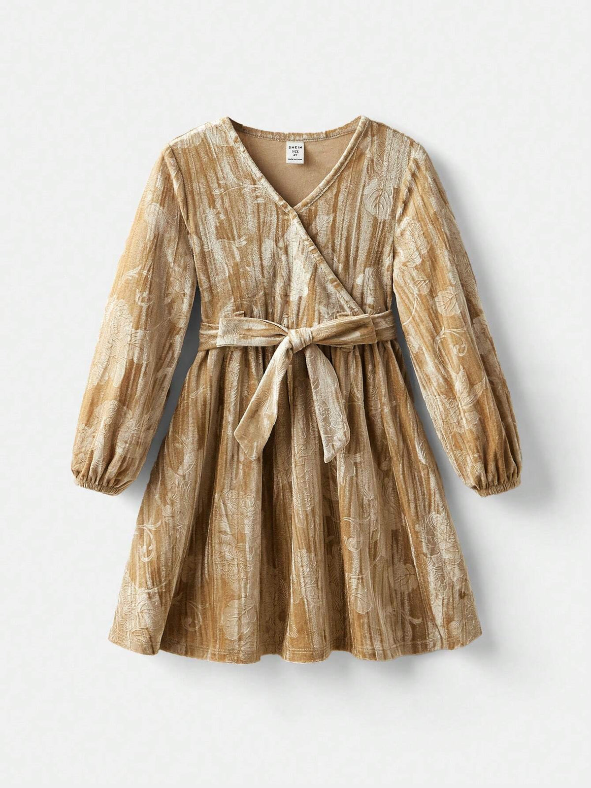 Young Girl Velvet Crossed Bowknot Front Panel Casual Dress