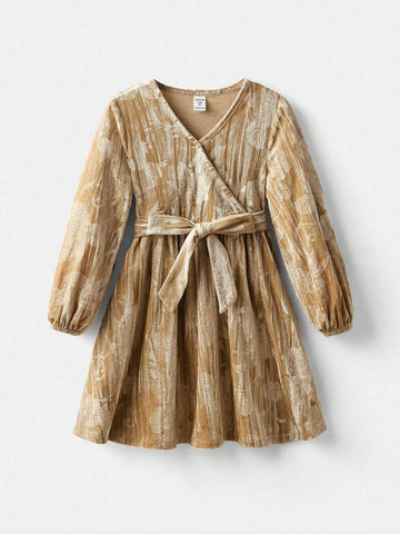 Young Girl Velvet Crossed Bowknot Front Panel Casual Dress