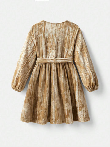Young Girl Velvet Crossed Bowknot Front Panel Casual Dress