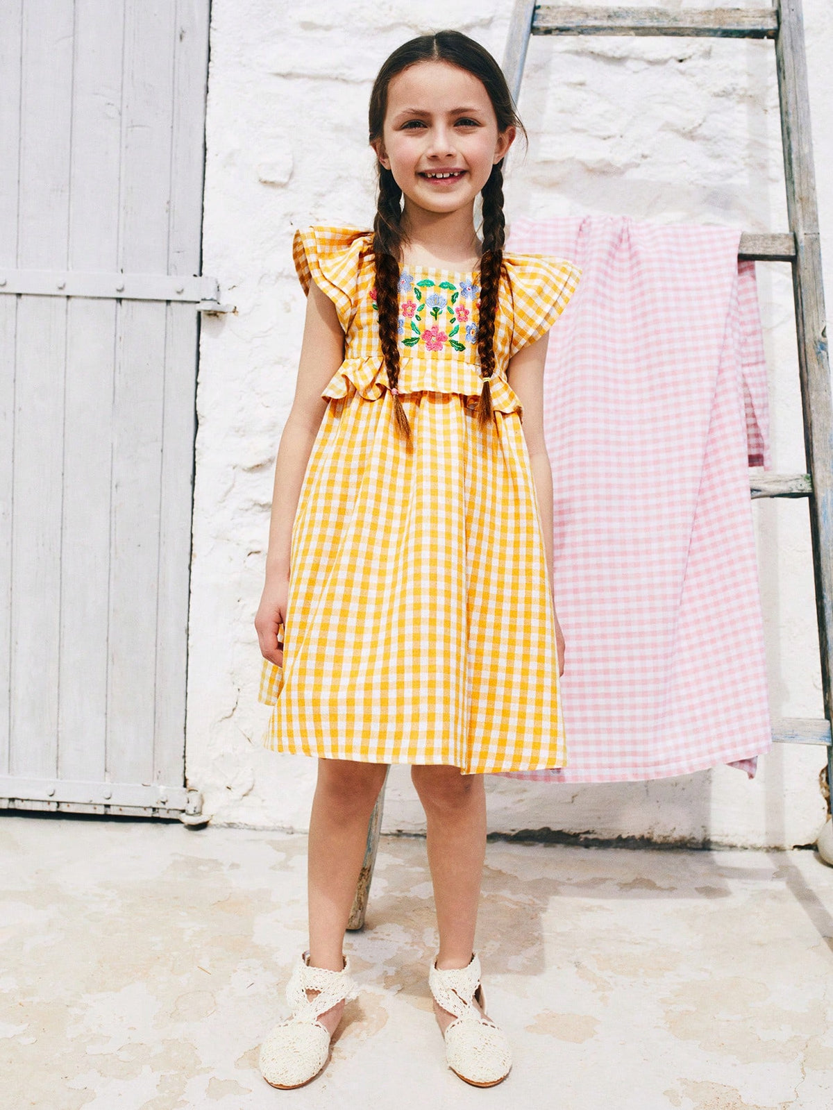 Young Girl's Casual Minimalist Comfortable Round Neck Plaid Embroidery Patchwork Ruffle Hem A-Line Dress