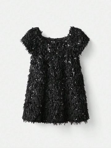 Young Girl's Casual Square Collar Plush Pearl Beaded Dress