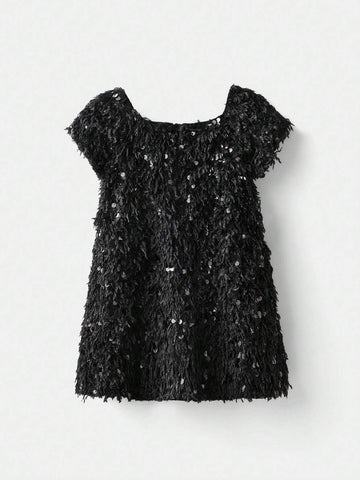Young Girl's Casual Square Collar Plush Pearl Beaded Dress