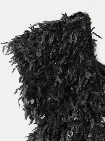 Young Girl's Casual Square Collar Plush Pearl Beaded Dress