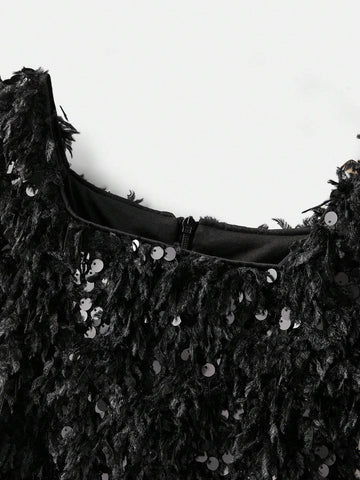 Young Girl's Casual Square Collar Plush Pearl Beaded Dress