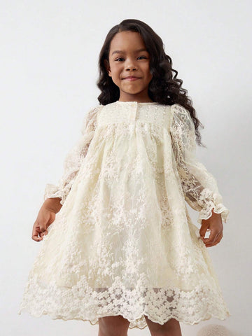 Maija Young Girl's Elegant Holiday Style Crochet Lace Patchwork Embroidered Mesh Ruffle Hem Solid Apricot Lantern Sleeve Casual Dress, Spring/Summer