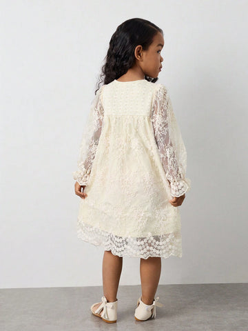 Maija Young Girl's Elegant Holiday Style Crochet Lace Patchwork Embroidered Mesh Ruffle Hem Solid Apricot Lantern Sleeve Casual Dress, Spring/Summer