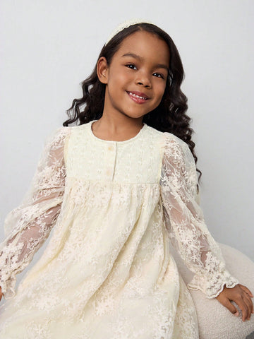 Maija Young Girl's Elegant Holiday Style Crochet Lace Patchwork Embroidered Mesh Ruffle Hem Solid Apricot Lantern Sleeve Casual Dress, Spring/Summer