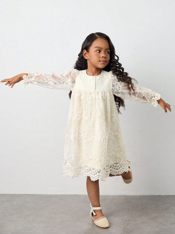 Maija Young Girl's Elegant Holiday Style Crochet Lace Patchwork Embroidered Mesh Ruffle Hem Solid Apricot Lantern Sleeve Casual Dress, Spring/Summer