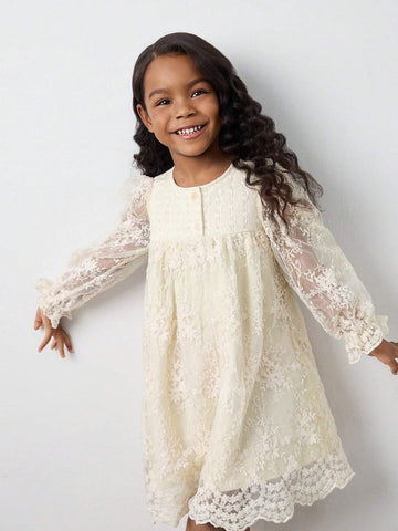 Maija Young Girl's Elegant Holiday Style Crochet Lace Patchwork Embroidered Mesh Ruffle Hem Solid Apricot Lantern Sleeve Casual Dress, Spring/Summer