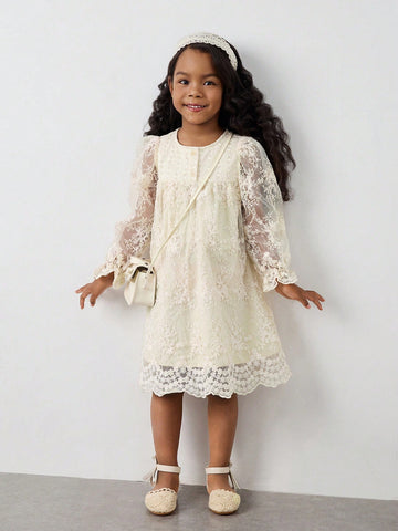 Maija Young Girl's Elegant Holiday Style Crochet Lace Patchwork Embroidered Mesh Ruffle Hem Solid Apricot Lantern Sleeve Casual Dress, Spring/Summer