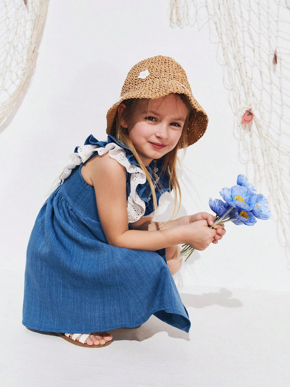 Young Girls Summer Denim Effect Patchwork Embroidery Floral Ruffle Hem Dresses
