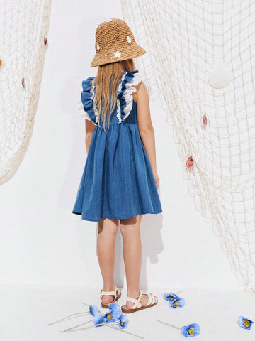 Young Girls Summer Denim Effect Patchwork Embroidery Floral Ruffle Hem Dresses