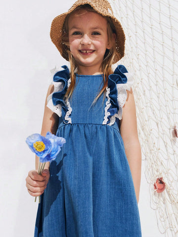Young Girls Summer Denim Effect Patchwork Embroidery Floral Ruffle Hem Dresses