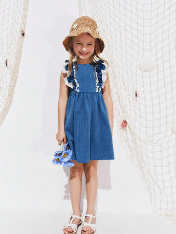 Young Girls Summer Denim Effect Patchwork Embroidery Floral Ruffle Hem Dresses