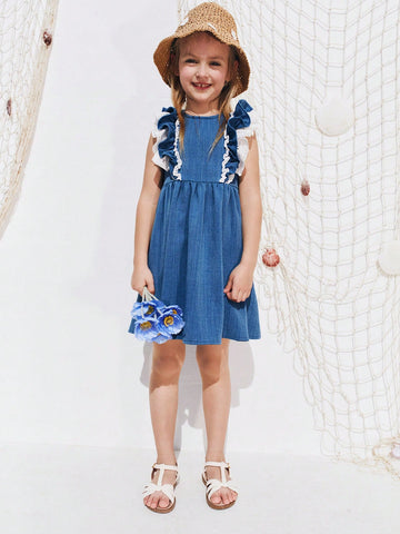 Young Girls Summer Denim Effect Patchwork Embroidery Floral Ruffle Hem Dresses