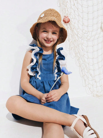 Young Girls Summer Denim Effect Patchwork Embroidery Floral Ruffle Hem Dresses