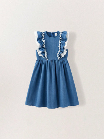 Young Girls Summer Denim Effect Patchwork Embroidery Floral Ruffle Hem Dresses