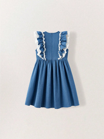 Young Girls Summer Denim Effect Patchwork Embroidery Floral Ruffle Hem Dresses