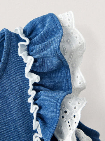 Young Girls Summer Denim Effect Patchwork Embroidery Floral Ruffle Hem Dresses