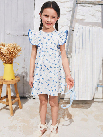 Young Girls Sweet Heart Cutout Back Cherry Bow Print Dress