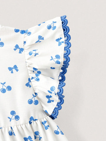 Young Girls Sweet Heart Cutout Back Cherry Bow Print Dress