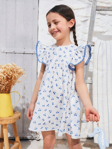 Young Girls Sweet Heart Cutout Back Cherry Bow Print Dress
