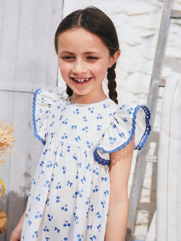 Young Girls Sweet Heart Cutout Back Cherry Bow Print Dress