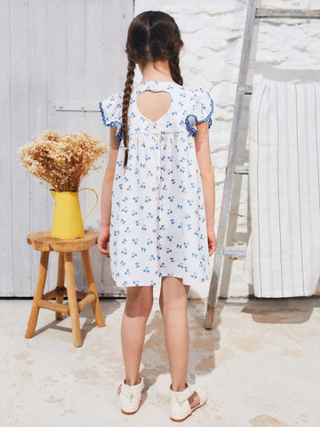 Young Girls Sweet Heart Cutout Back Cherry Bow Print Dress