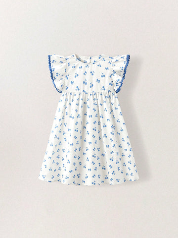 Young Girls Sweet Heart Cutout Back Cherry Bow Print Dress