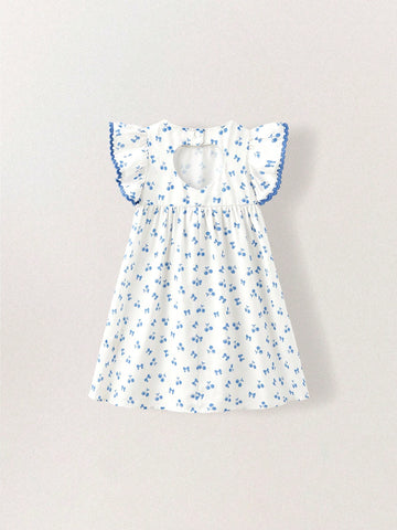 Young Girls Sweet Heart Cutout Back Cherry Bow Print Dress