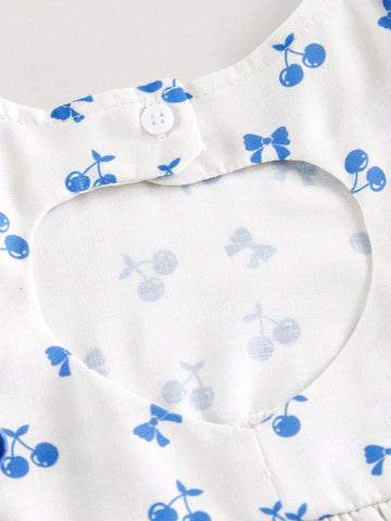 Young Girls Sweet Heart Cutout Back Cherry Bow Print Dress