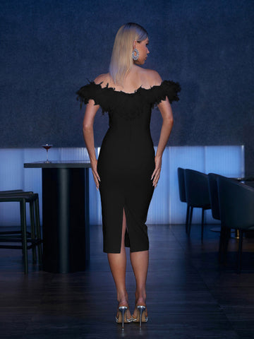 Major Off Shoulder Feather Bandage Dress In White