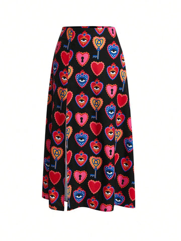 Maju Capelato Vacation Women's Heart Print Side Split Summer Casual Skirt