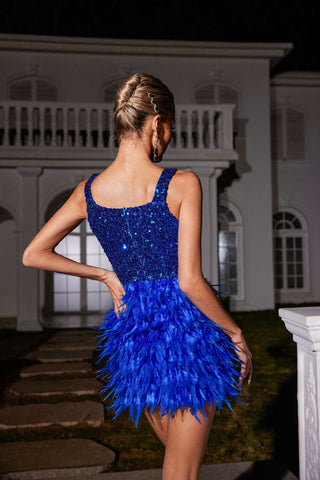 Malachi Sequin Feather Mini Dress In Blue