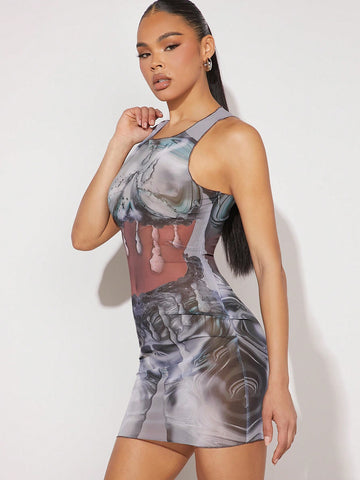 Marble Print Sleeveless Bodycon Dress