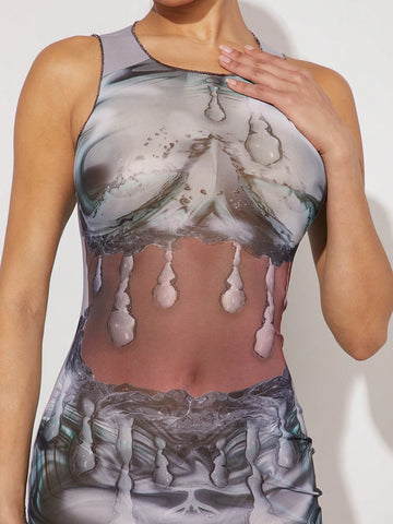 Marble Print Sleeveless Bodycon Dress