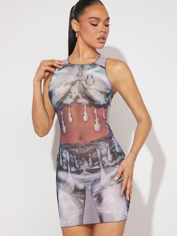 Marble Print Sleeveless Bodycon Dress