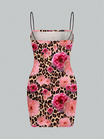 Maria Clara Maia Red Leopard Print Form-Fitting Slip Dress, Elegant Women Party Dress For Winter New Year, Holiday Outfit