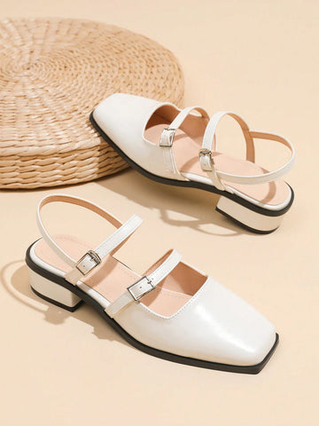 Mary Jane Pumps Women's Chunky High Heels White Sandals
