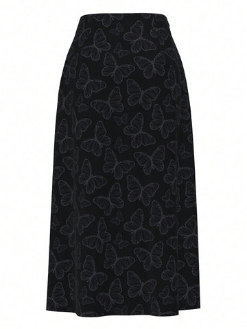 Women's Butterfly Printed Side Slit Skirt
