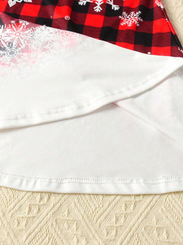 Matching Mom-And-Daughter Long Sleeve Fit-And-Flare Mini Christmas Dress With Plaid, Ombre Snowflake Pattern, Round Neck
