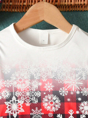 Matching Mom-And-Daughter Long Sleeve Fit-And-Flare Mini Christmas Dress With Plaid, Ombre Snowflake Pattern, Round Neck