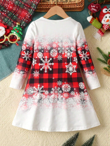 Matching Mom-And-Daughter Long Sleeve Fit-And-Flare Mini Christmas Dress With Plaid, Ombre Snowflake Pattern, Round Neck