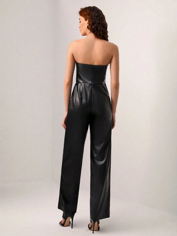Mathilde Lhomme Solid PU Leather Tube Jumpsuit Without Choker