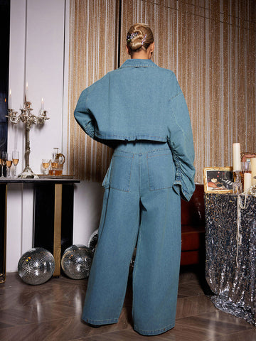 Maudie Pocket Wide Denim Pants Set